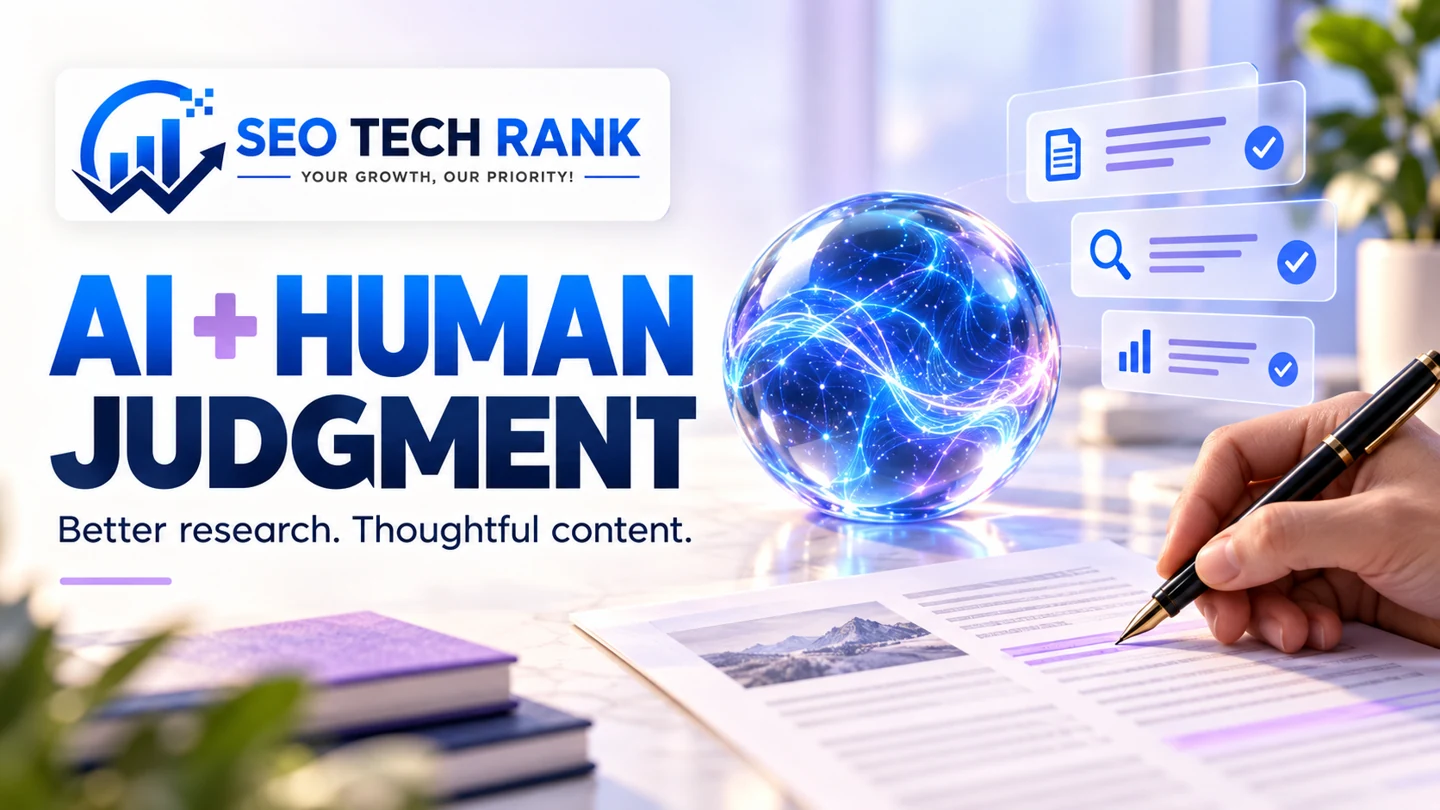 SEO Tech Rank branded illustration for ai + human judgment: luminous AI glass orb paired with human hand using editorial pen on an article, verification check cards, no humanoid robot.