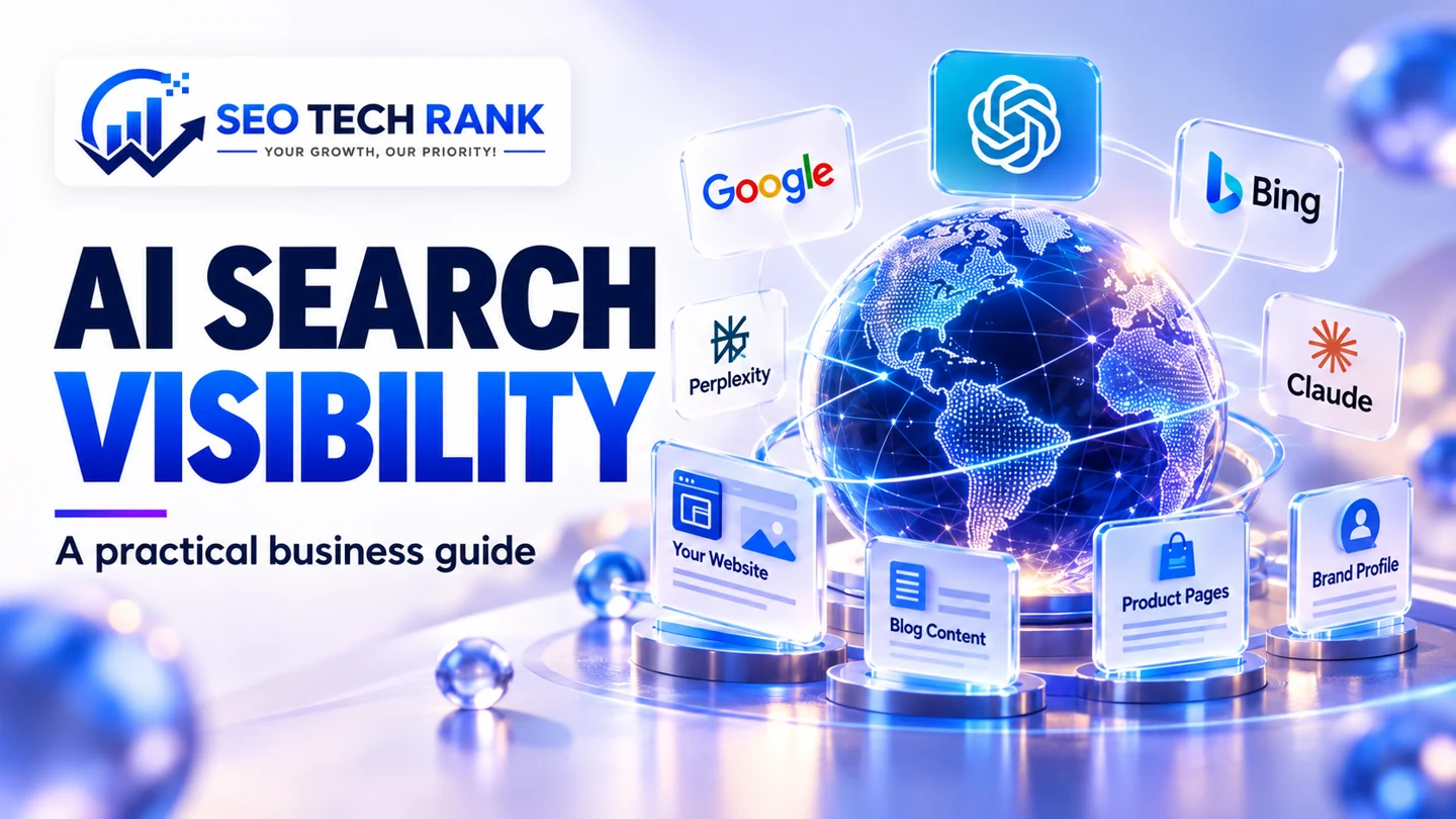 SEO Tech Rank branded illustration introducing AI search visibility for business owners.