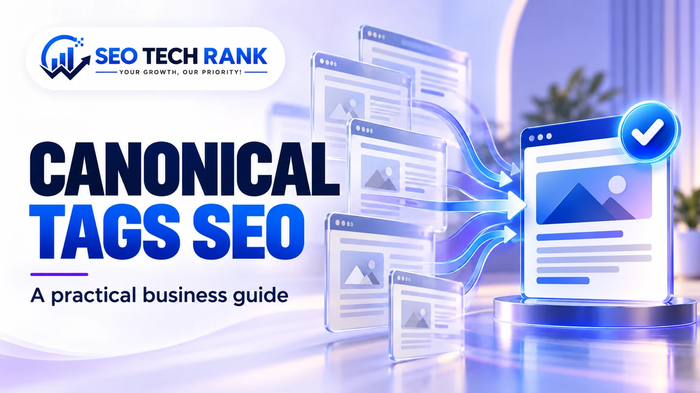 SEO Tech Rank branded illustration introducing canonical tags SEO for business owners.