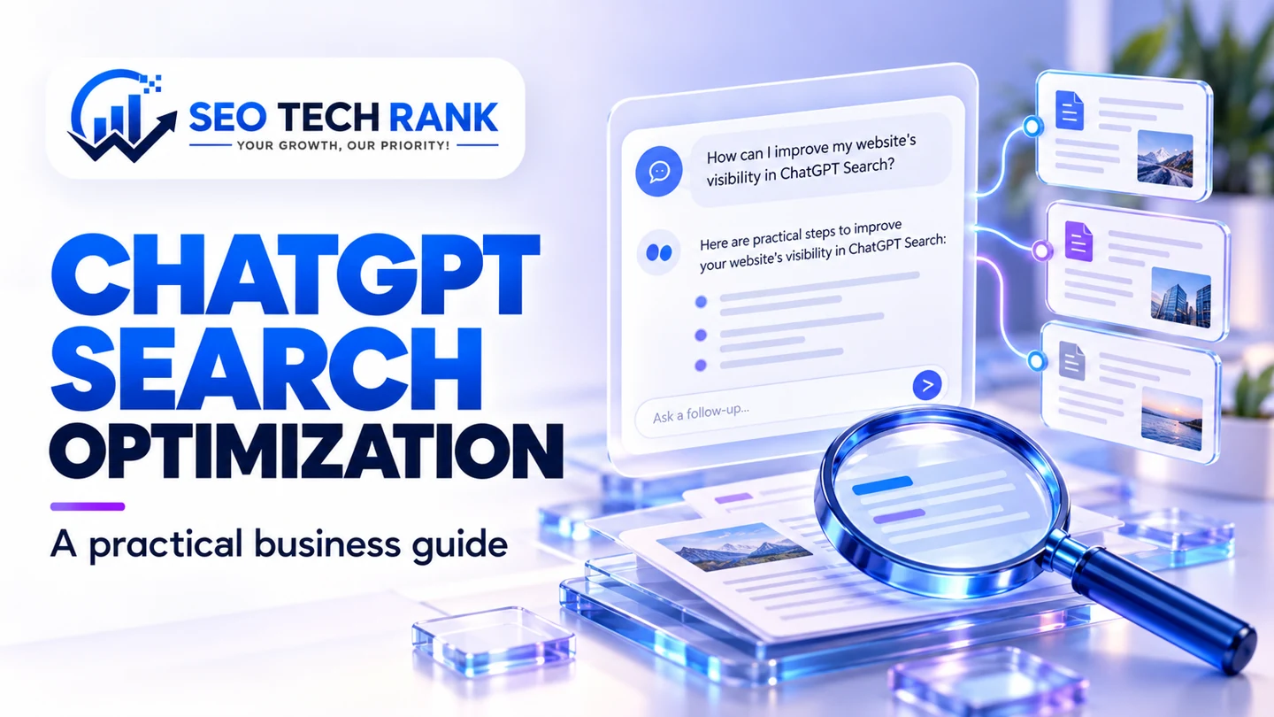 SEO Tech Rank branded illustration introducing ChatGPT Search optimization for business owners.
