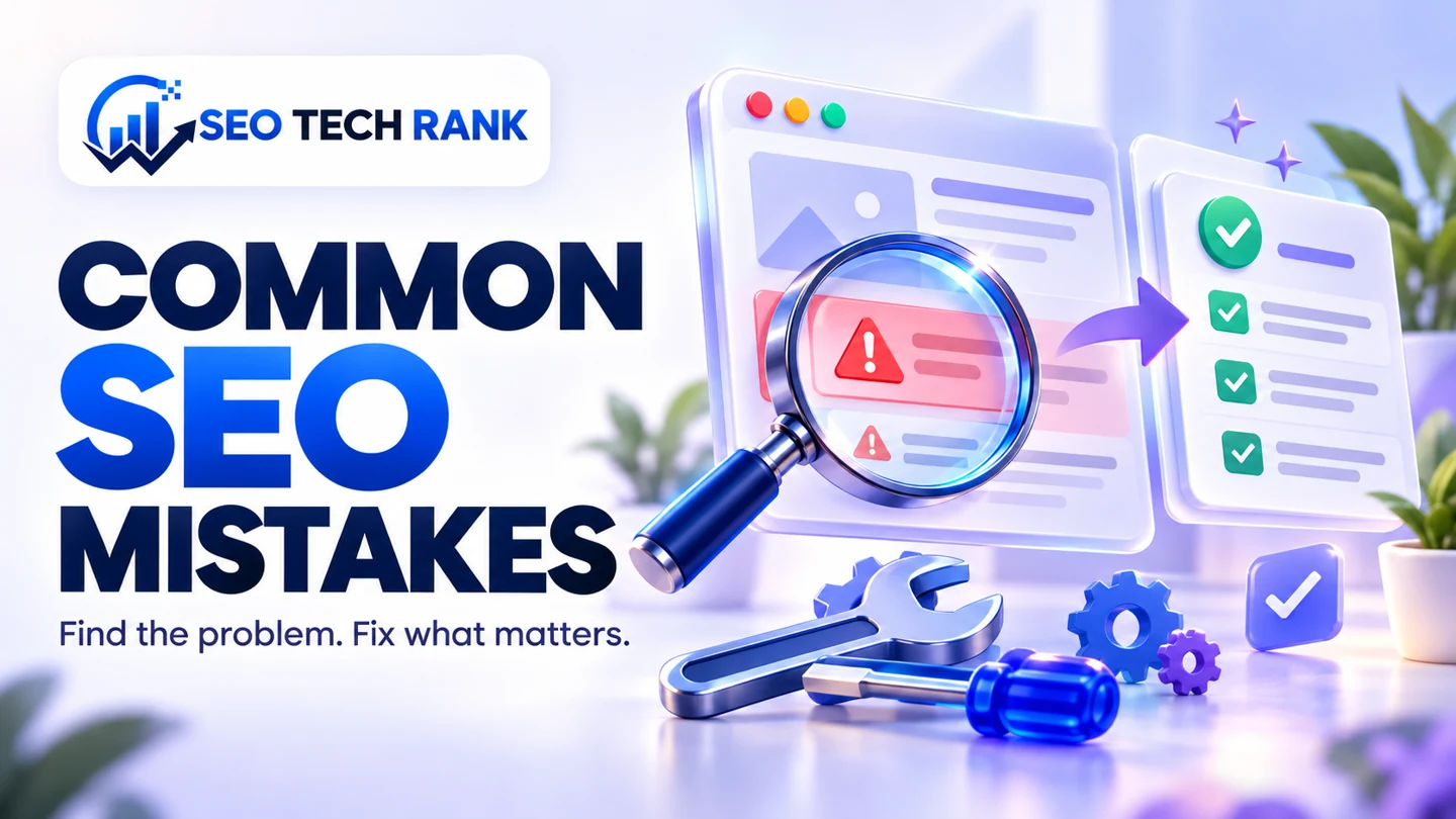 SEO Tech Rank branded illustration for common seo mistakes: large magnifying lens finding a warning in a floating webpage, repair tools and corrected checklist, confident positive mood.