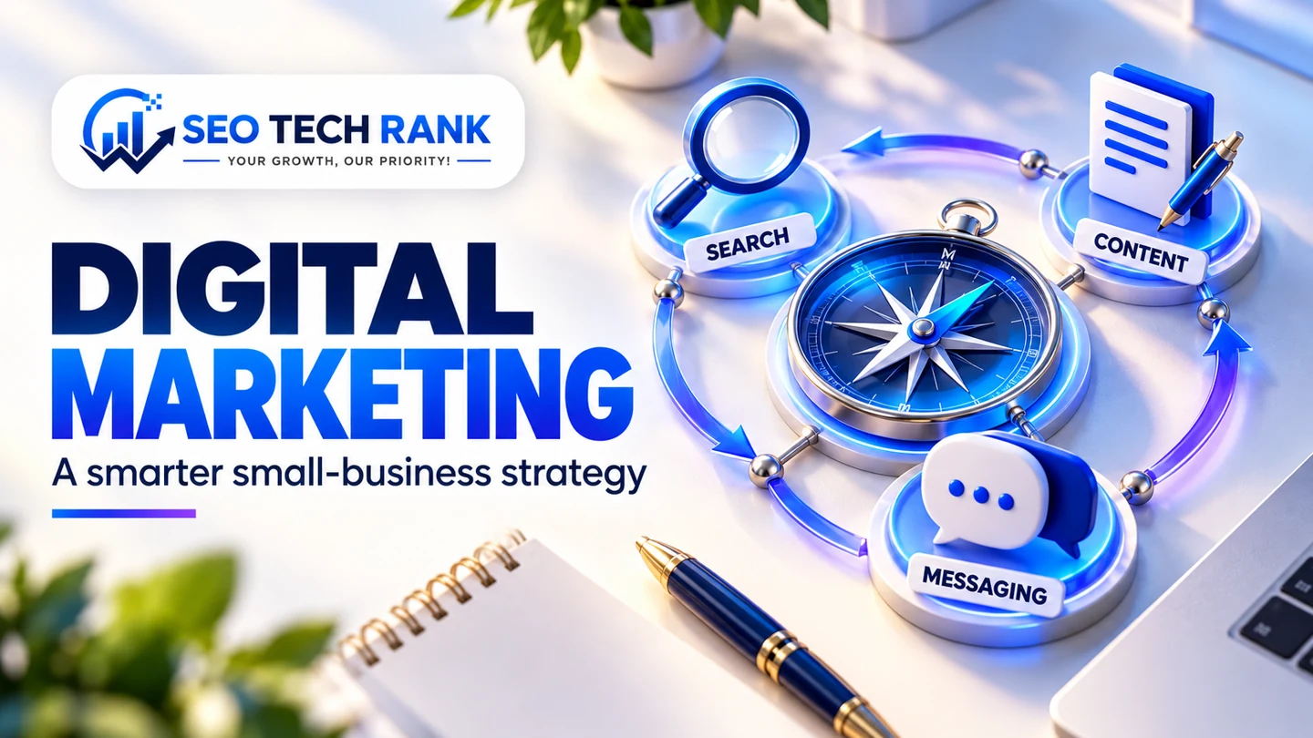 SEO Tech Rank branded illustration for digital marketing: creative strategy board linking search, content and messaging objects around a central compass, polished 3D.