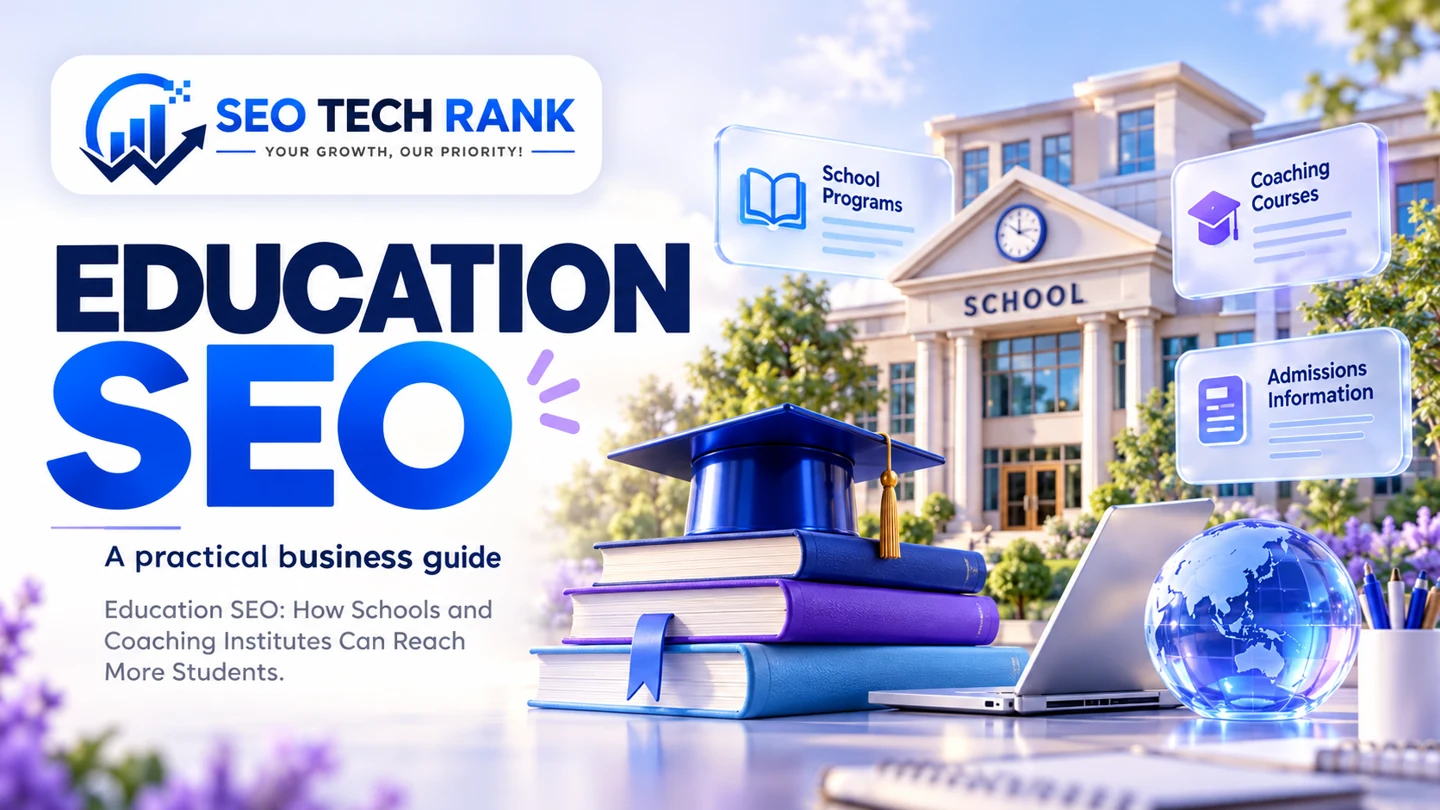 SEO Tech Rank branded illustration introducing education SEO for business owners.