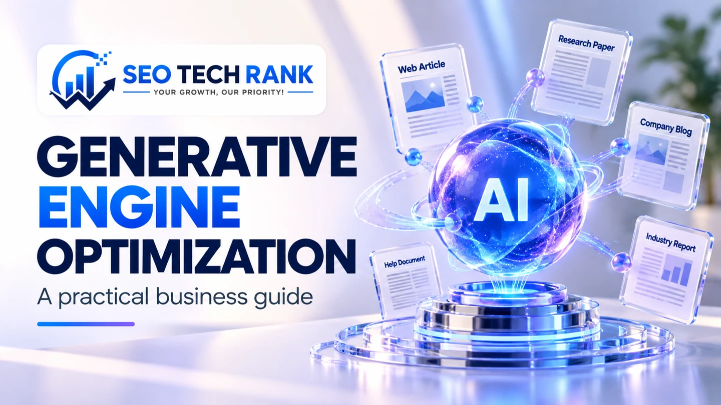 SEO Tech Rank branded illustration introducing Generative Engine Optimization for business owners.