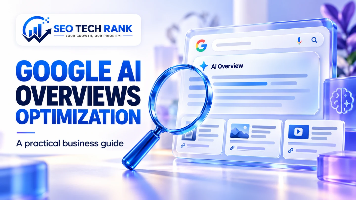 SEO Tech Rank branded illustration introducing Google AI Overviews optimization for business owners.