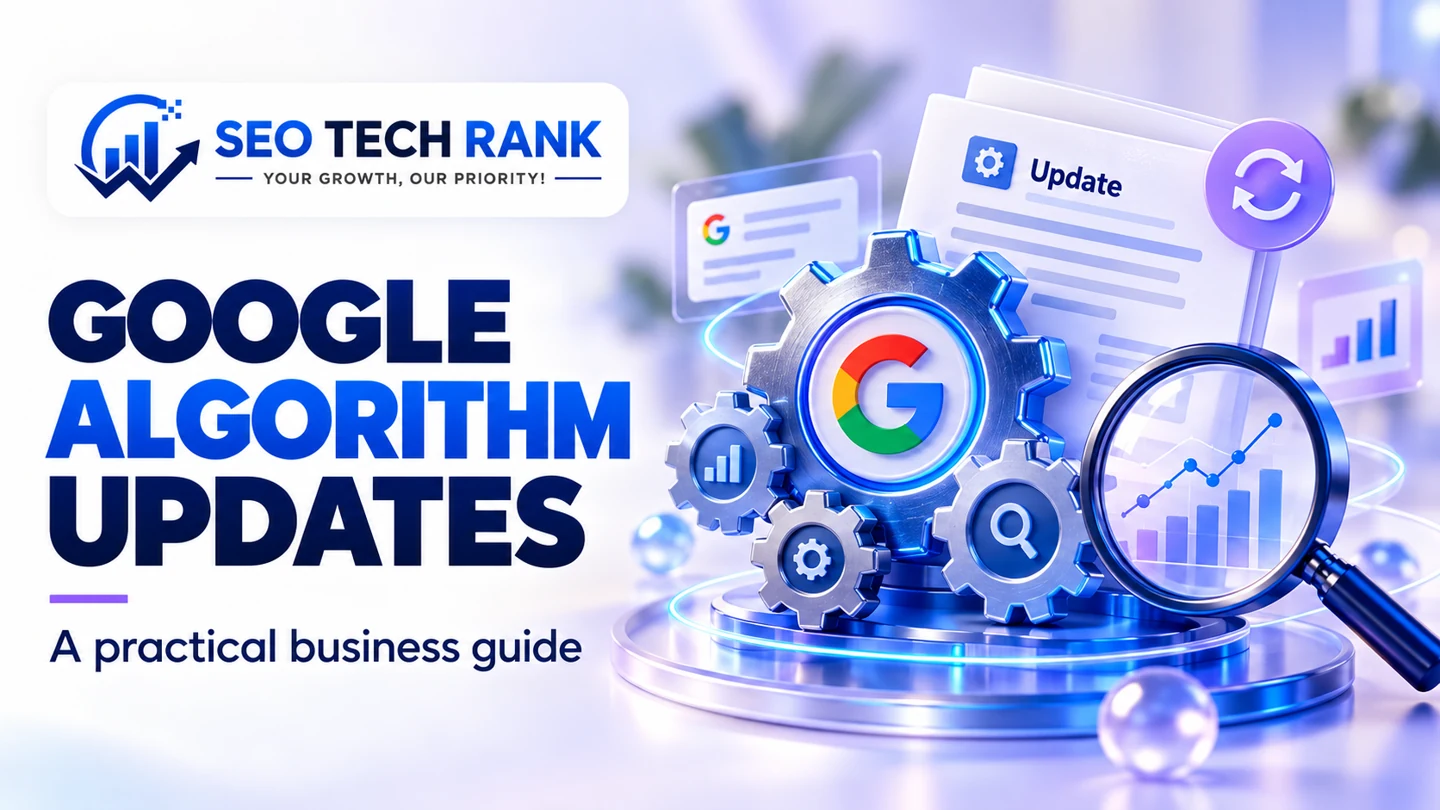 SEO Tech Rank branded illustration introducing Google algorithm updates for business owners.