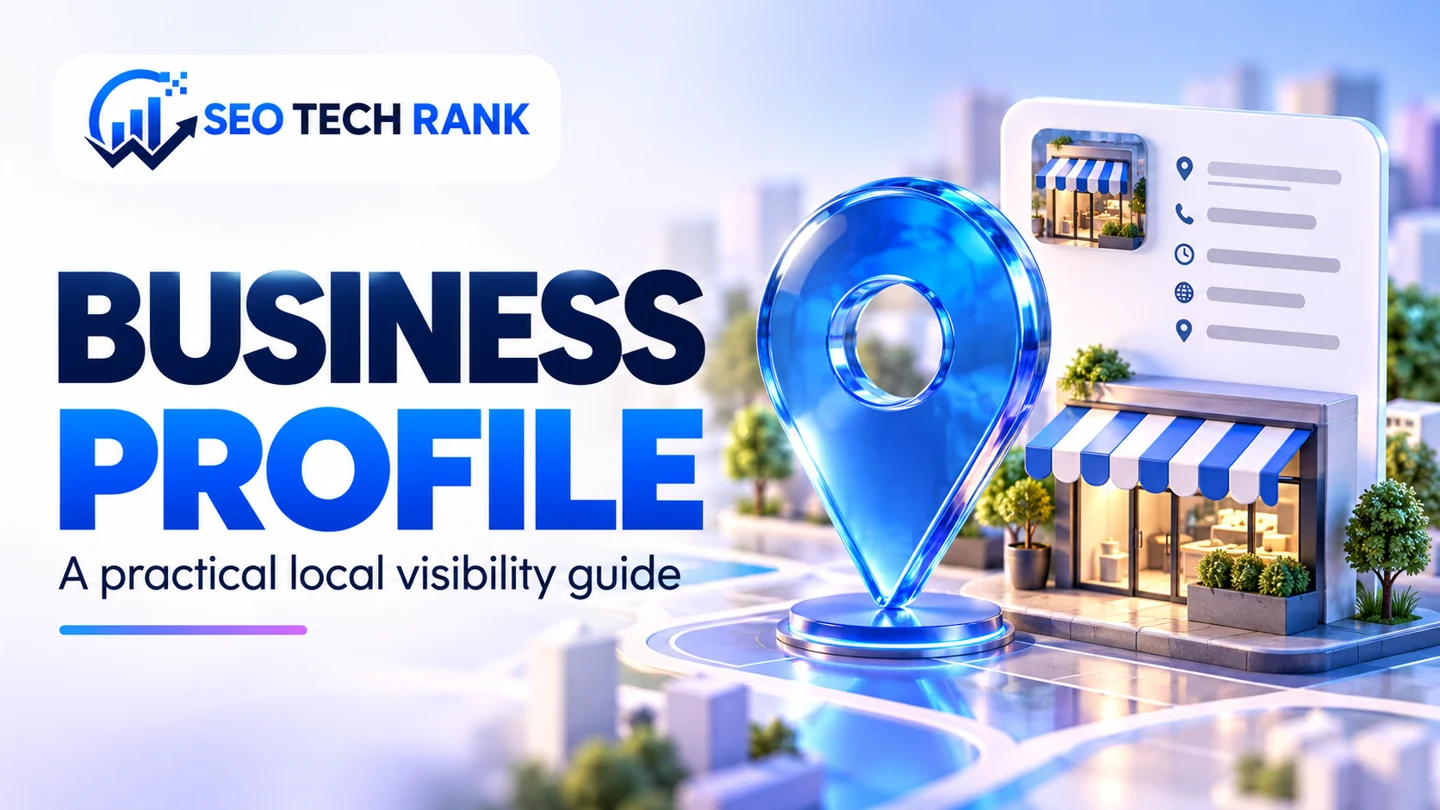 SEO Tech Rank branded illustration for business profile: large glass map pin beside a detailed miniature shop and profile card with five neutral information lines, no ratings.