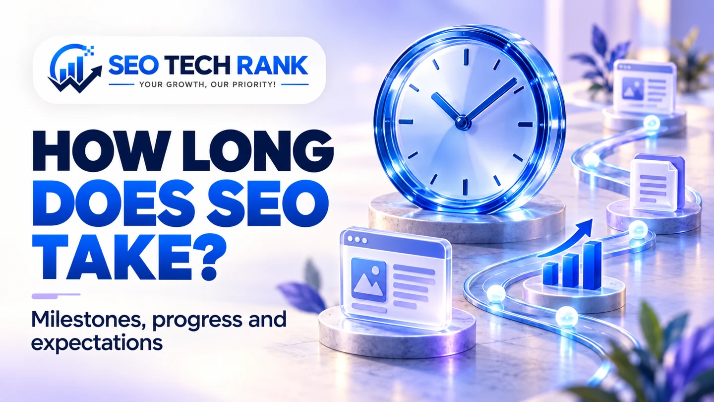 SEO Tech Rank branded illustration for how long does seo take?: blue glass clock with abstract calendar sheets and a winding path connecting website improvement milestones, no dates or deadlines.