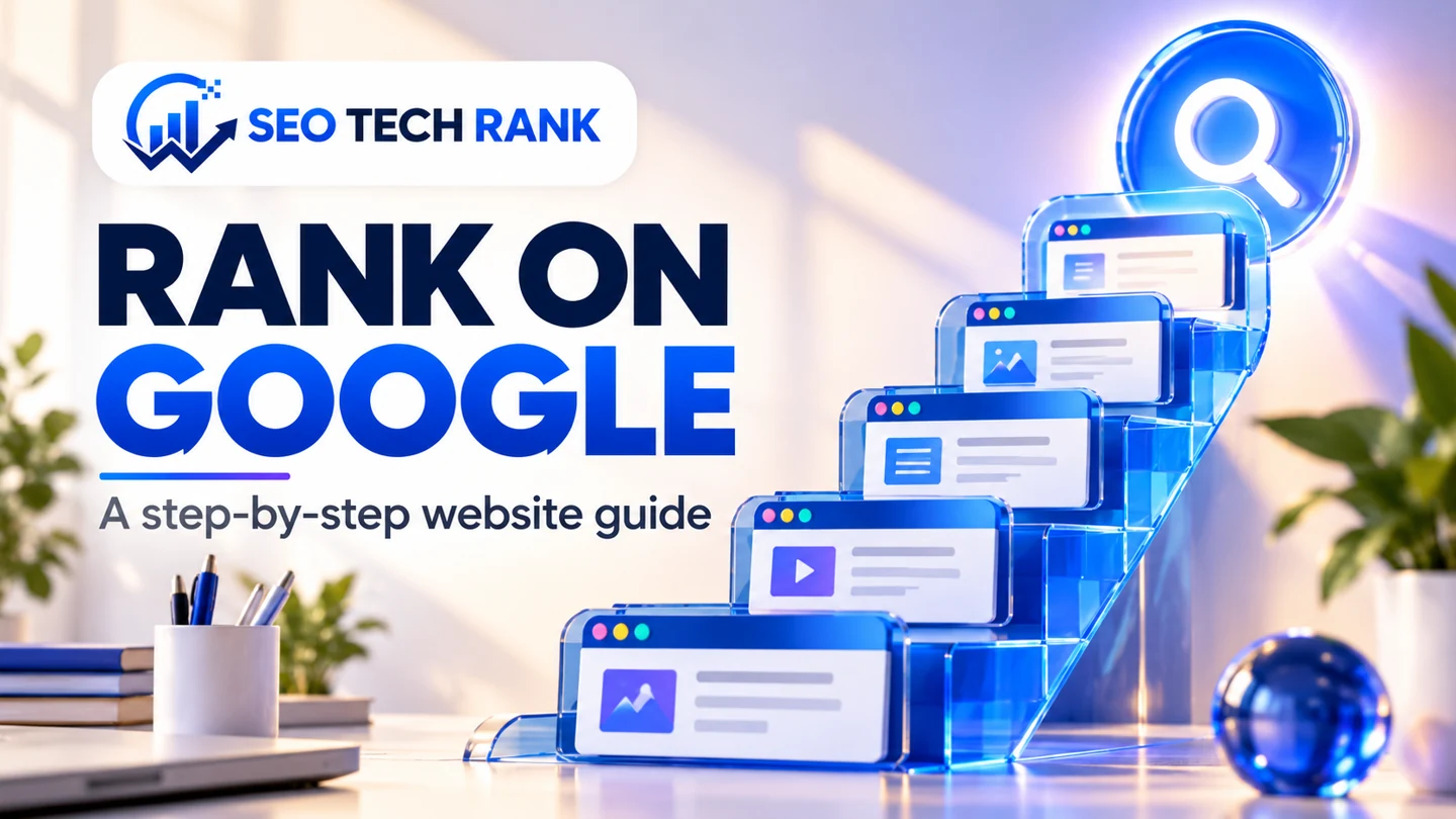 SEO Tech Rank branded illustration for rank on google: a beautiful cobalt stairway made of browser cards leading to a search lens; strategic progression, no position numbers.
