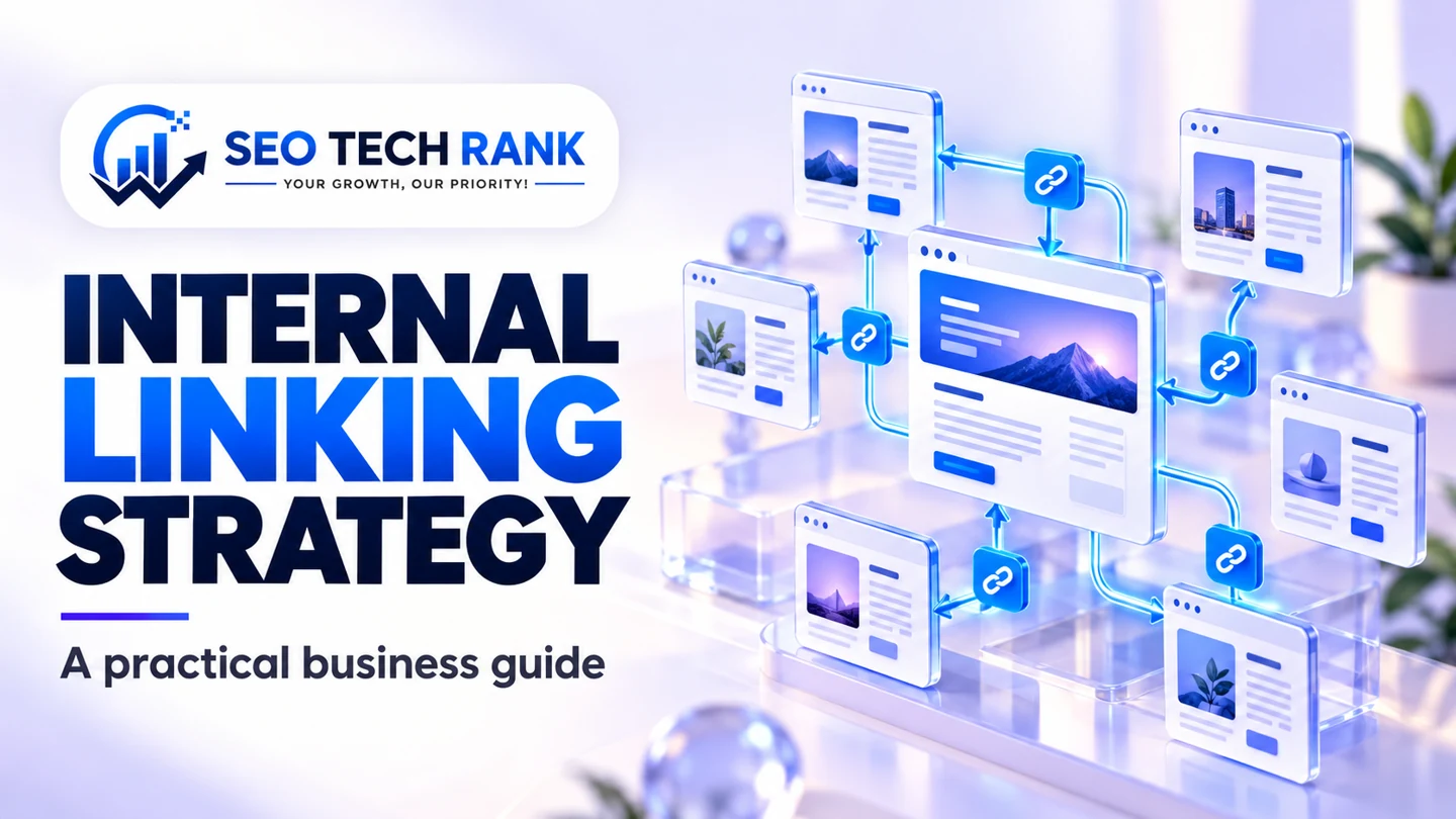 SEO Tech Rank branded illustration introducing internal linking strategy for business owners.