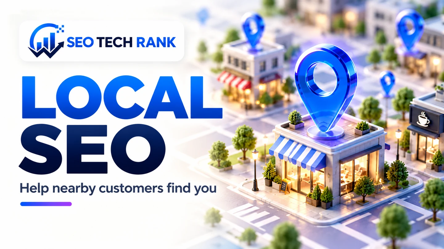 SEO Tech Rank branded illustration for local seo: miniature tasteful city storefronts and large blue glass map pins, soft isometric street map.