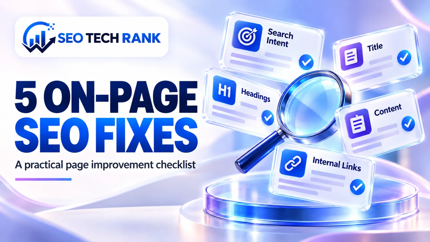SEO Tech Rank branded illustration for 5 on-page seo fixes: five elegant floating website checklist cards with icons for search intent, title, headings, content and internal links, polished blue glass lens.