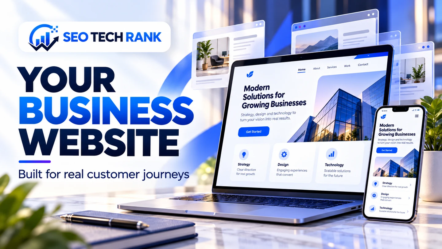SEO Tech Rank branded illustration for your business website: premium laptop and mobile phone showing tasteful generic business website layouts, layered responsive browser windows.