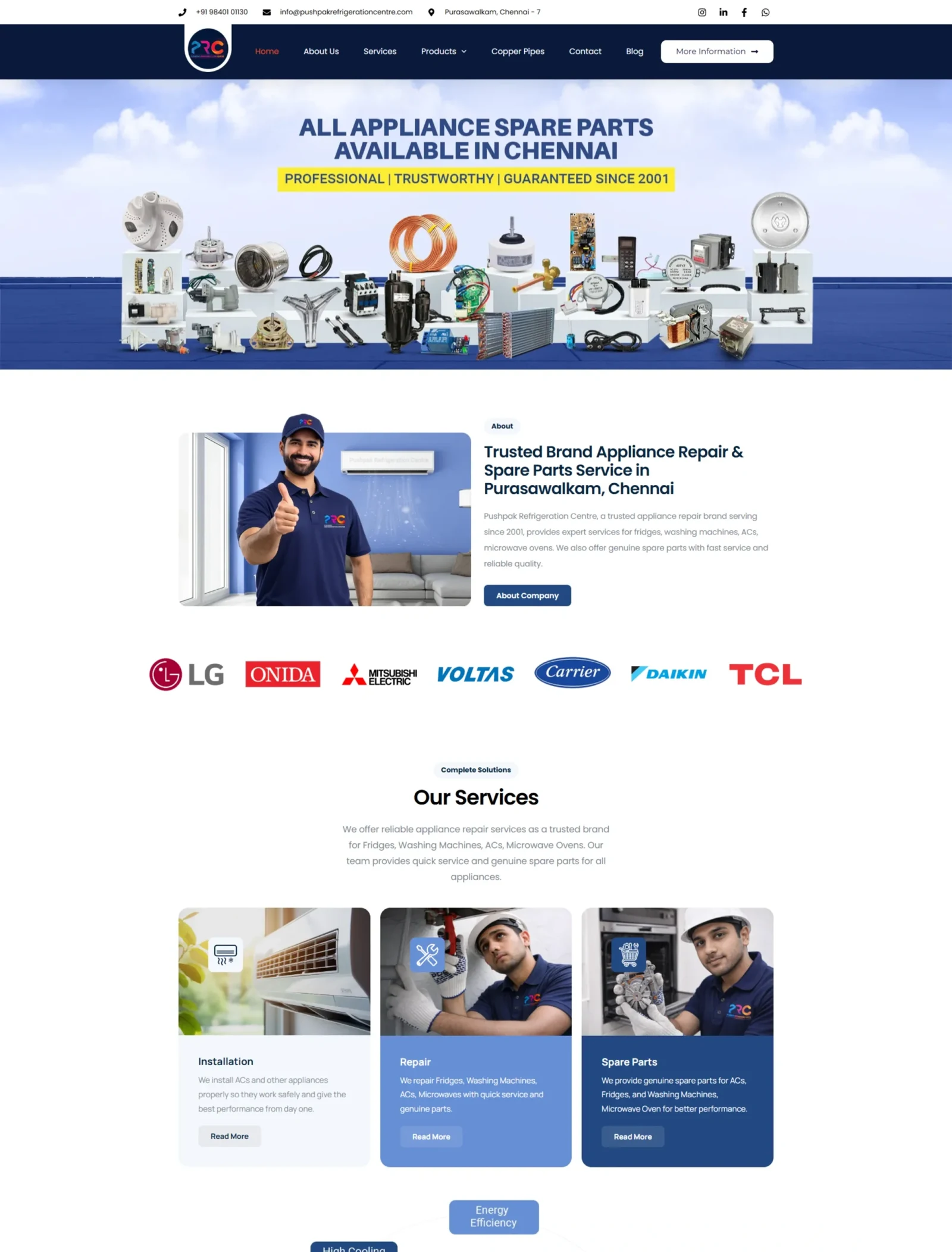 Pushpak Refrigeration Centre website homepage screenshot