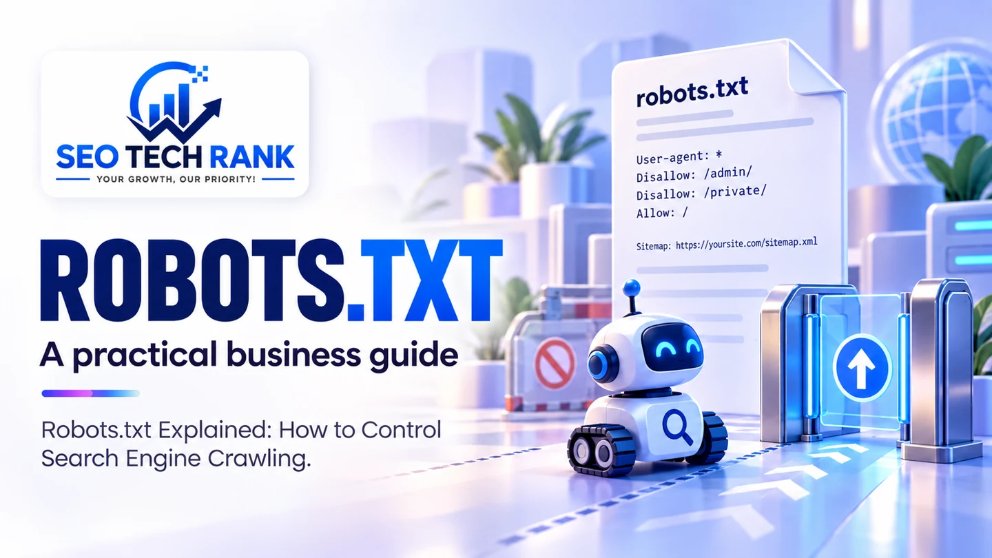 SEO Tech Rank branded illustration introducing robots.txt for business owners.