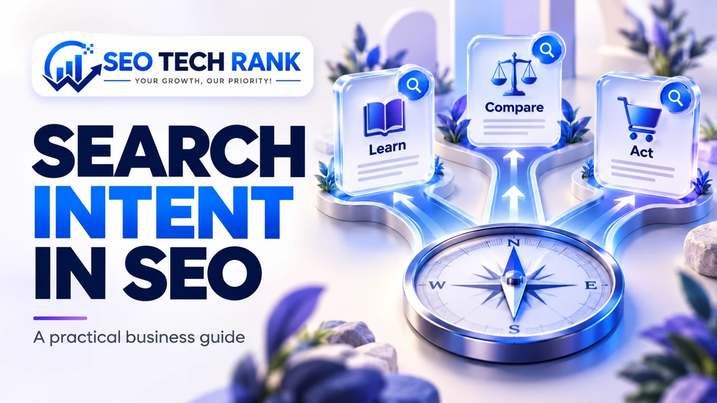 SEO Tech Rank branded illustration introducing search intent in SEO for business owners.