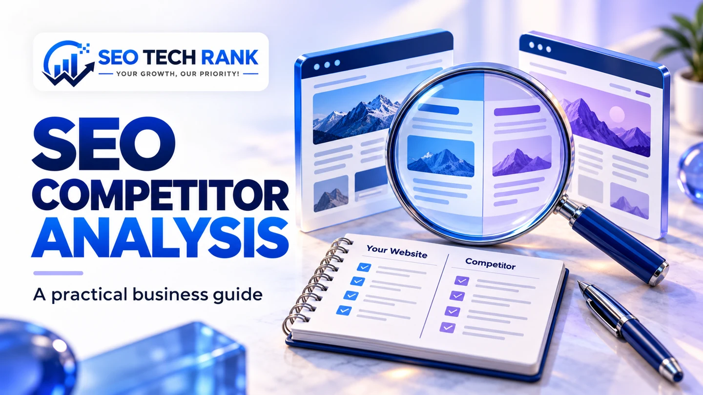 SEO Tech Rank branded illustration introducing SEO competitor analysis for business owners.