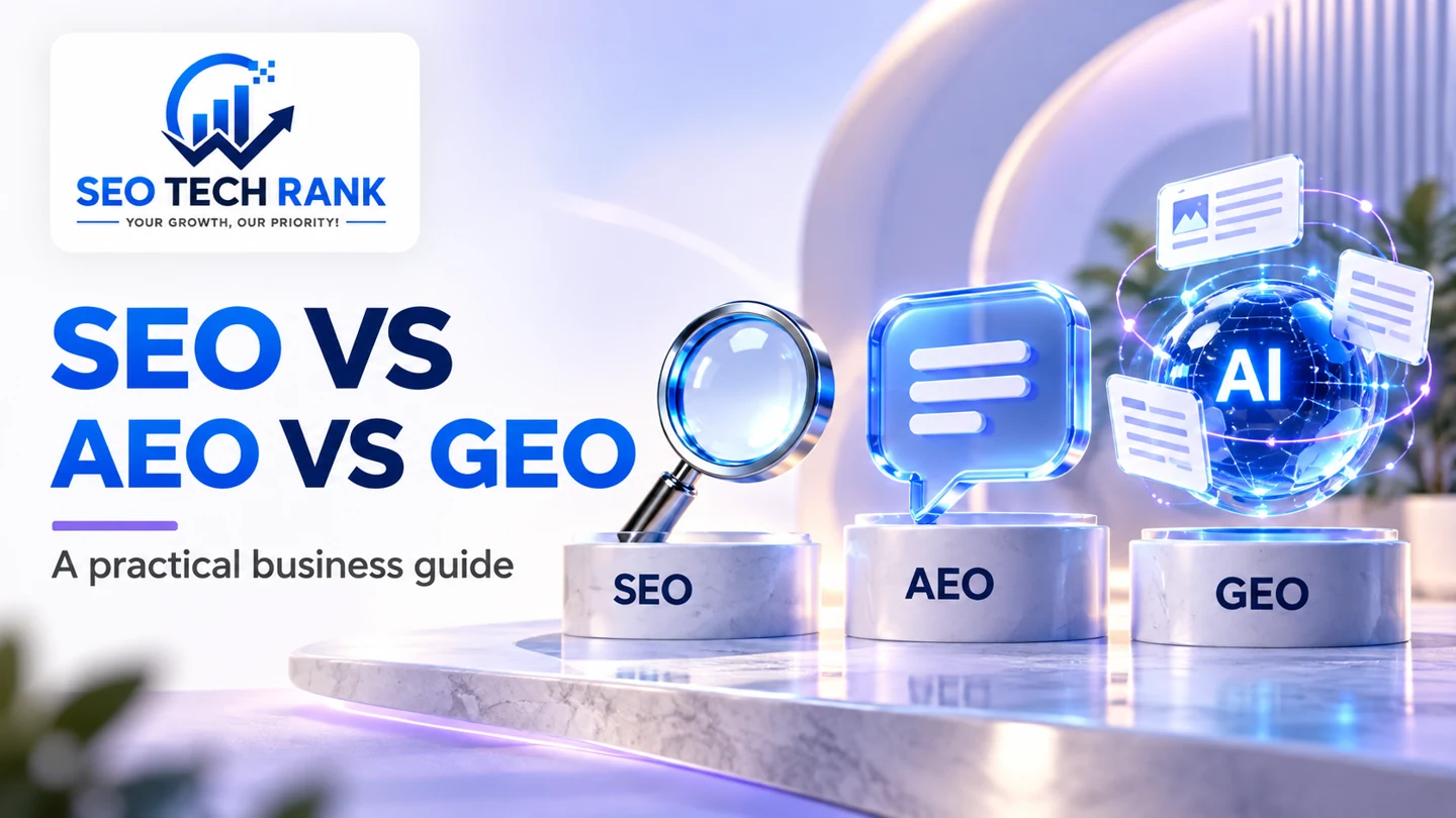 SEO Tech Rank branded illustration introducing SEO vs AEO vs GEO for business owners.