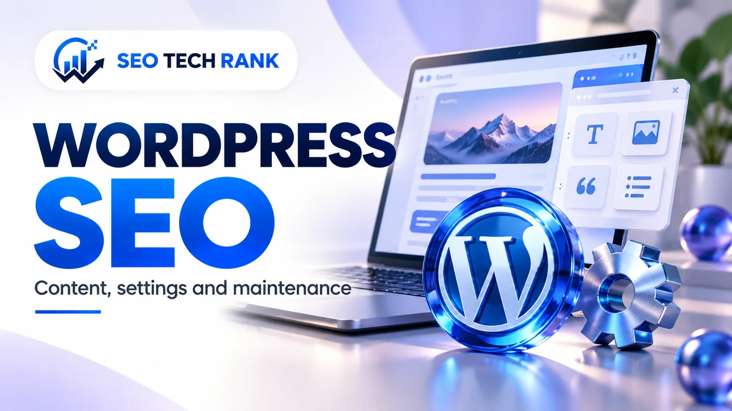 SEO Tech Rank branded illustration for wordpress seo: polished laptop webpage and cogwheel, editorial page builder blocks, blue glass W letter medallion, no invented platform interface.
